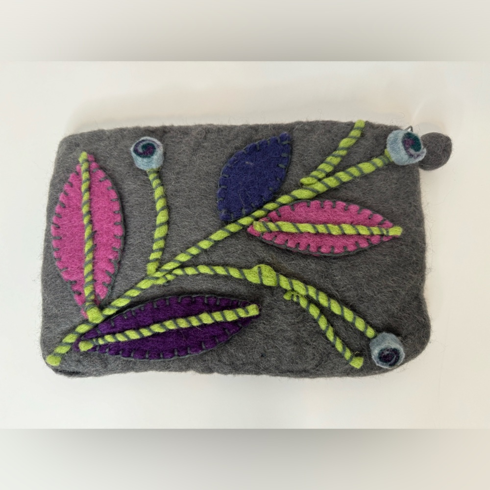 Rising Tide Hand Made Wool Zippered Pouch Makeup Bag Gray Colorful Floral Design